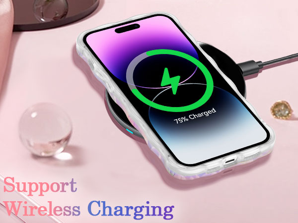 Smartphone on pink surface displaying wireless charging icon. Green battery symbol and '75% Charged' text visible on screen. 'Support Wireless Charging' text below image.