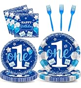 Wiooffen Boy 1st Birthday Party Tableware Set for 24 Guests Blue One Year Old Paper Plates Napkin...