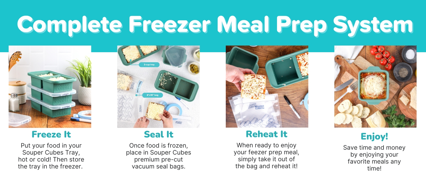 Souper Cubes Complete Freezer Meal Prep System with Kale trays, stoneware and vacuum seal bags