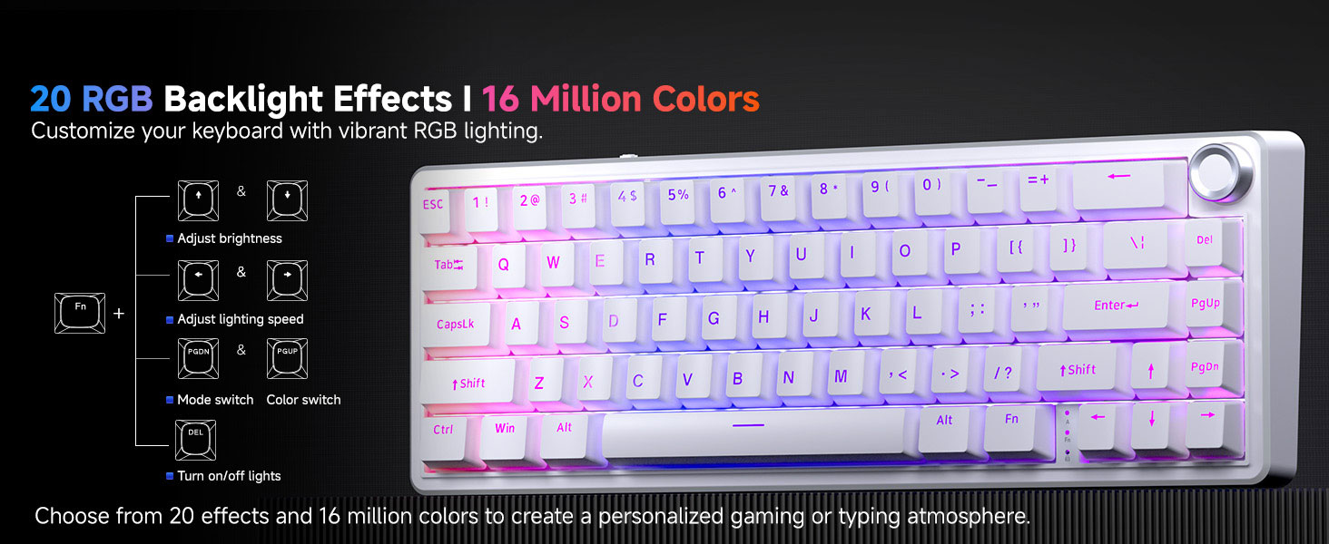 Text reads '20 RGB Backlight Effects | 16 Million Colors'. Gaming keyboard with RGB backlit keys displaying rainbow colors against dark background, shown from multiple angles.