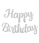 PatiCool Silver Happy Birthday Banner, Pre-Strung Glitter Silver Happy Birthday Sign, 10 Feet, NO...