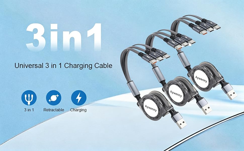 Upgraded 3 Pack USB Type C Retractable Cable Fast Charging 3.3FT