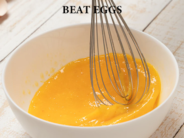 Text reads 'BEAT EGGS'. Series of images showing yellow liquid being whisked in a white bowl against a light wooden surface.