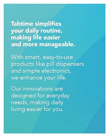 Teal text block describing Tabtime's products for simplifying daily routines, mentioning pill dispensers and simple electronics to enhance life.