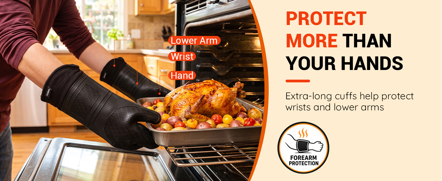 Extra-long cuffs help protect wrists and lower arms
