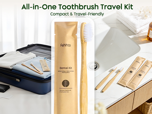 Bamboo dental kit shown with travel luggage and a guest bathroom sink.