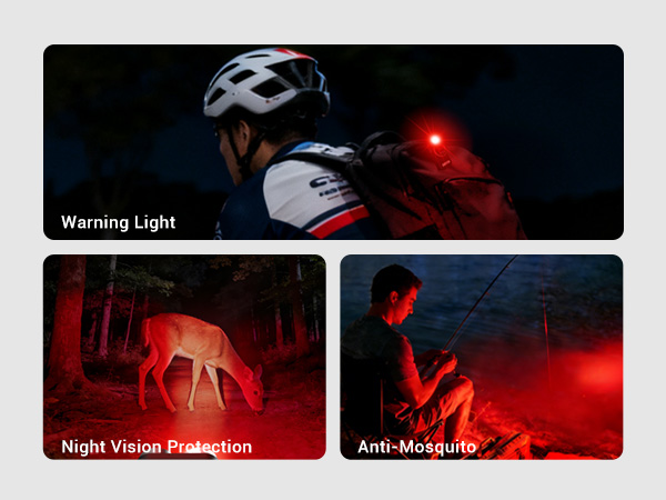 Red light—steady and flashing for warning, night vision, and mosquito reduction