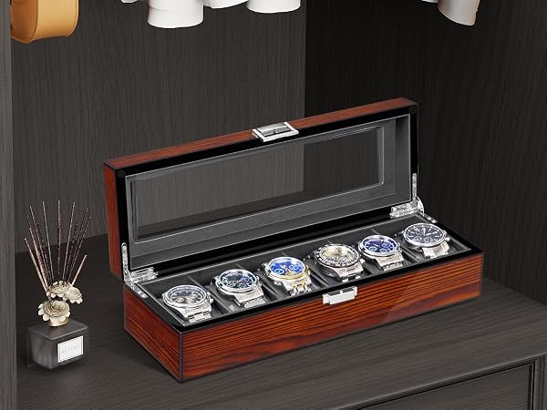 BEWISHOME Watch Box, 6 Slot Mens Watch Case, Watch Storage Organizer for Men, Watch