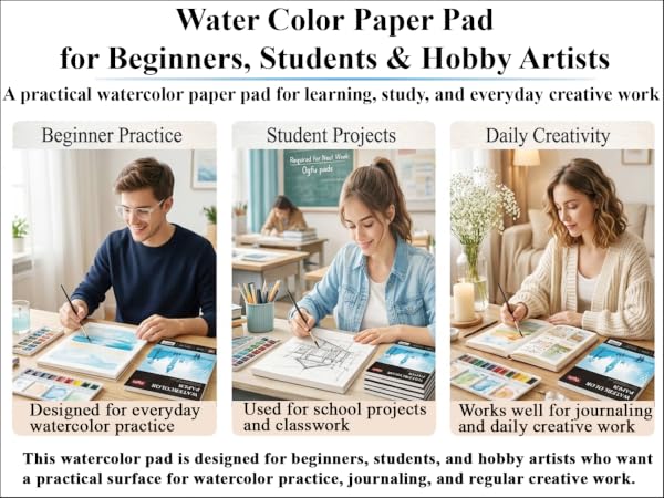 Watercolor Pad for Beginners, Artists, Adults and Students, Cold Press, 9"x12", 140 lb / 300 gsm