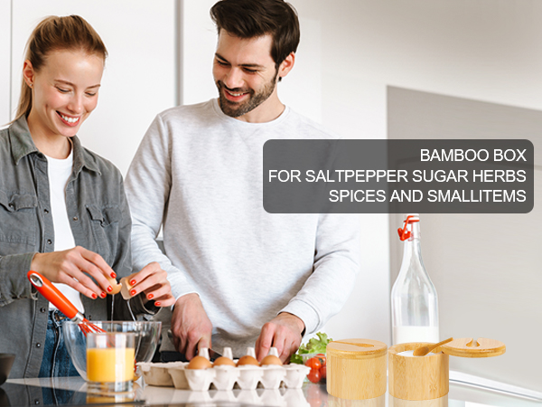 Bamboo Salt Cellar Spice Box with Swivel Lid Spoon Storage Box Salt Container to Storage Pepper