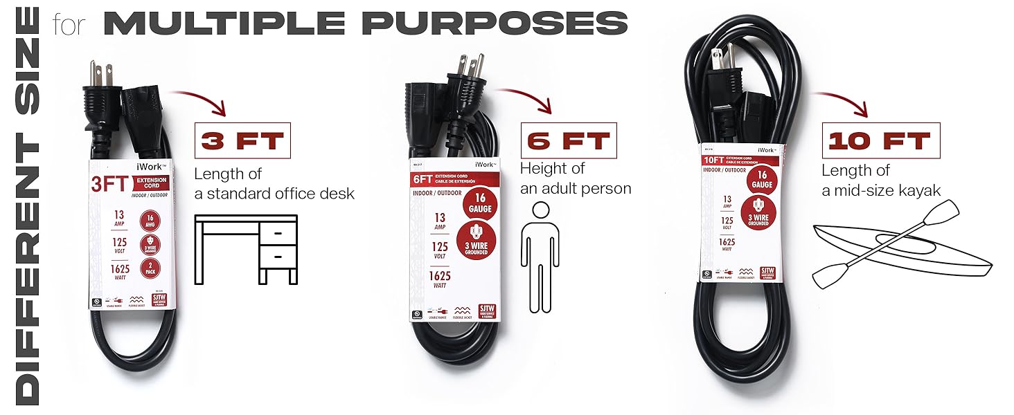 3ft 6ft 10ft extension cords heavy duty black 3 prong