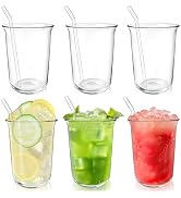 Cheardia 6 Pack Drinking Glasses, 16 OZ Clear Highball Glasses with Glass Straws, Crystal Versati...