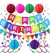 KAWKALSH Happy Birthday Banner with Colorful Paper Flag Bunting Paper Circle Confetti Garland Swi...