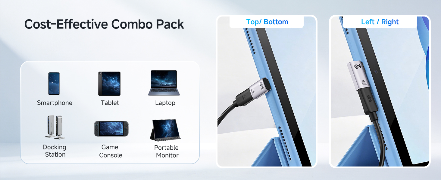 Combo-Pack 40Gbps Right Angle USB-C Adapter Kit, Up to [4K@240Hz Video, 240W Charging