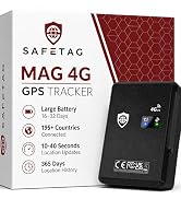 Text reads 'SAFETAG MAG 4G GPS TRACKER' with feature icons: 'Large Battery', '10-40 Seconds', '365 Days Location History', and 'CE' marking. Black compact GPS device shown.