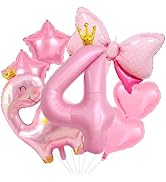 40 Inch 4 Balloon Number, Cute Crown Dinosaur Balloons, Star Bow Heart Balloons, Pastel Pink dino...