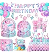 QIYANPAX Mermaid Birthday Decorations Supplies Plates, Napkins, Cups, Cutlery, Banner, Hanging Sw...