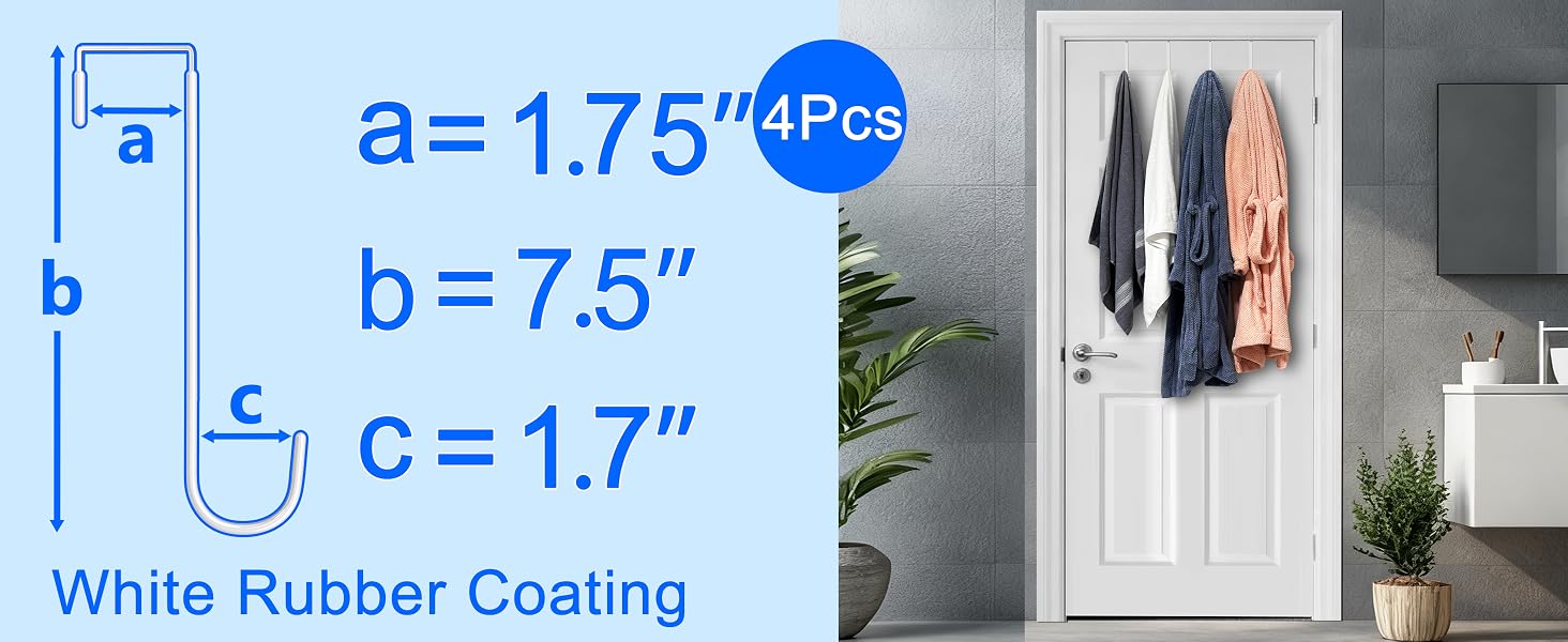 bath towels and robes on 4 over door hooks, and a hook size diagram showing 1 3/4" top gap.
