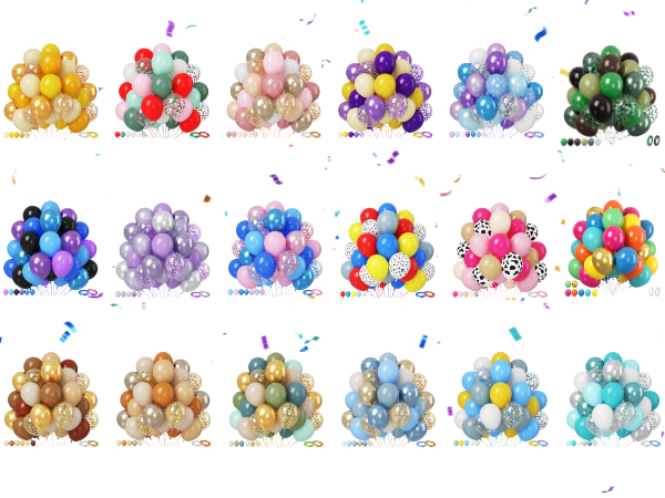 Large collection of balloon bunches arranged in rows, showing various color combinations including metallic, pastel, and vibrant hues.