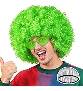 PLULON Green Afro Wig with Heart Sunglasses for Women Men, Colored Short Fluffy Curly Funny Party...