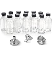 12 Pack, 2 oz Small Clear Glass Bottles with Lids & 3 Stainless Steel Funnels - 60ml Boston Round...