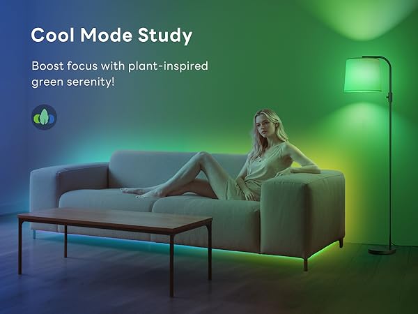 Text reads 'Cool Mode Study' and 'Boost focus with plant-inspired green scenery!' Multiple views of a room with green ambient lighting and modern furniture setup.