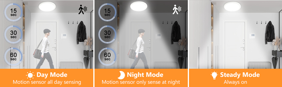 Motion sensor interface display showing three operational modes with corresponding icons for Day, Night, and Steady modes.