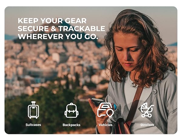 Lockable AirTag holder with icons for suitcases, backpacks, vehicles, and strollers.