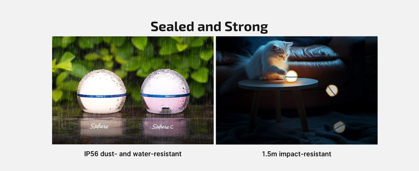 Sphere C IP56 protection meets soft glow. Perfect for camping, parties, or nursery.