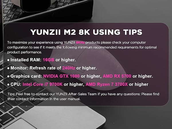 Text reads 'YUNZII M2 BK USING TIPS' with instructional content about keyboard usage in white and colored text on dark background, providing technical guidance.