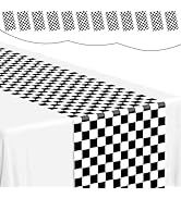 Mwellewm 12 Pcs Checkered Table Runner 14x108 Inch Plastic Racetrack Road Race Car Table Cloth Di...