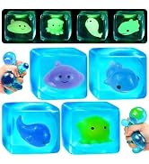 4 Pack Blue Squeeze Cube with Luminous Marine Life Inside,Squishy Stress Fidget Gummy Toys ,Glow ...