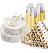 Bestluck 350PCS Gold Plastic Plates for 50 Guests, Disposable Dinnerware Sets Include 100 Gold Ri...