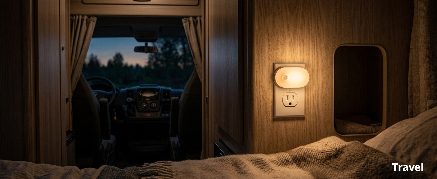 Compact plug-in night light illuminating an RV interior.