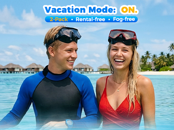 Family wearing snorkel masks laughing in clear water, vacation mode on, fog-free rental-free 2-pack