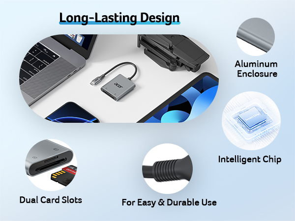 USB hub with aluminum enclosure, dual card slots, and intelligent chip. Features long-lasting design, easy-to-use connector, and compatibility with laptops. Multiple views showcase durability and functionality.
