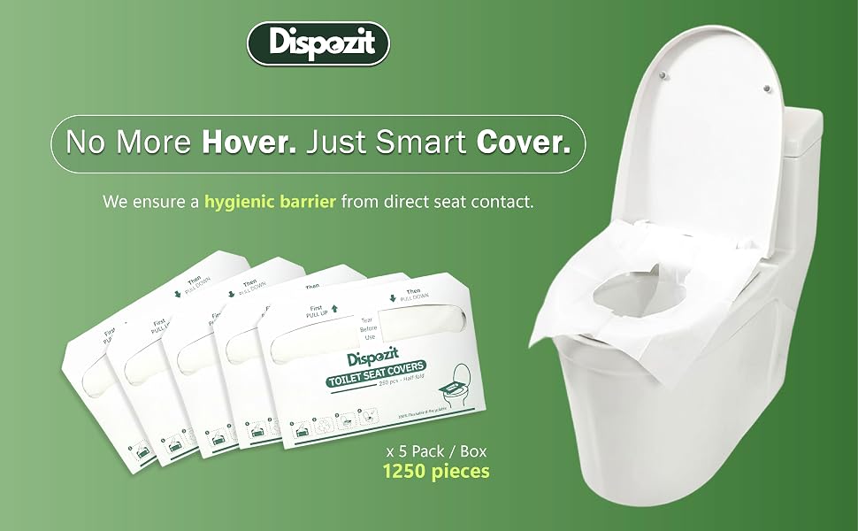 Five individual packs of Dispozit seat covers next to a toilet,