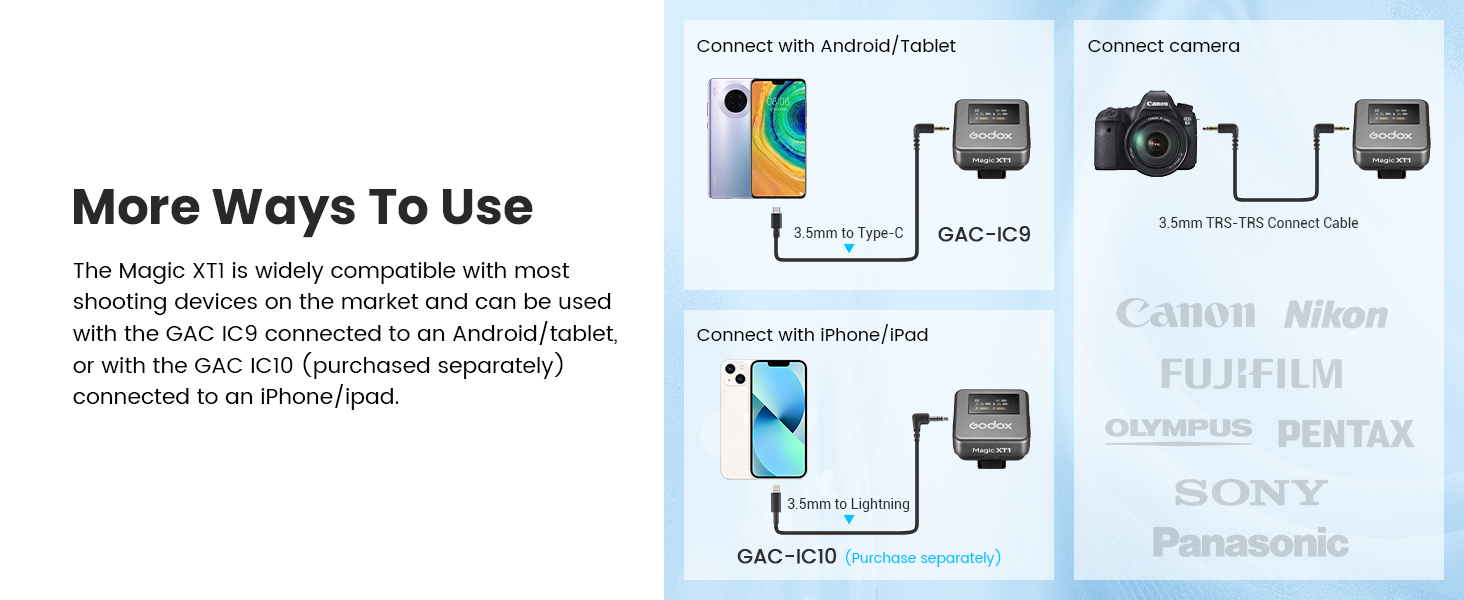 Connection diagram showing smartphone compatibility with camera accessories, featuring multiple device brands and connection methods.