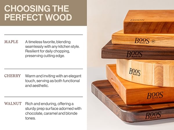 Image of stacked cutting boards in different thickness. Text reads: Choosing the Perfect Wood.