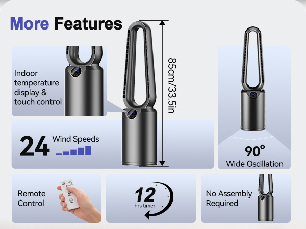 Text reads 'More Features'. Product features infographic showing icons for indoor temperature, 24 wind speeds, 90° oscillation, touch control, and remote control functions.