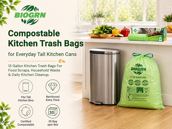 BIOGRN 13 gallon compostable food scrap bags and 30-count box.