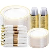 BESTVIP 350PCS Clear Gold Plastic Dinnerware Set, Disposable Party Plates for 50 Guests, Include:...
