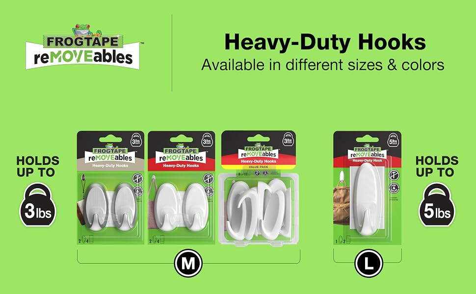 heavy-duty hooks available in different sizes and colors; large hook holds five pounds