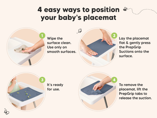Four easy steps to place Prep silicone placemat with suction grip on baby high chair tray