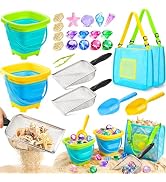 DISHIO Beach Toys for Kids, 25 Pcs Metal Sand Sifter & Collapsible Beach Buckets Set, Stainless S...