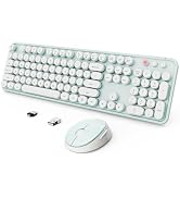Wireless Keyboard and Mouse Combo, Ergonomic Full Size Typewriter Retro Round Keycaps Keyboard, C...