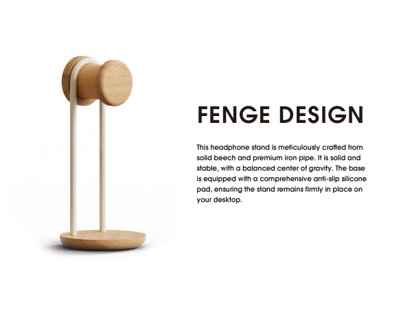 Text reads 'FENGE DESIGN'. Minimalist wooden chair design with curved backrest and natural finish, shown from multiple angles.
