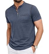 PEGENO Mens Shirts Casual Short Sleeve Cotton Henley with Pocket and Contrast Placket Button Down...