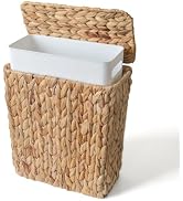 S310 3 Gallon Wicker Trash Can with Lid, Trapezoid Narrow Water Hyacinth Bathroom Waste Basket wi...