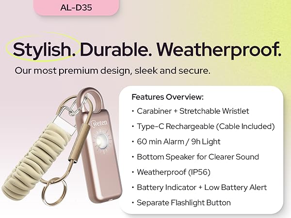 AL-D35 Weten weatherproof personal alarm with carabiner and wristlet